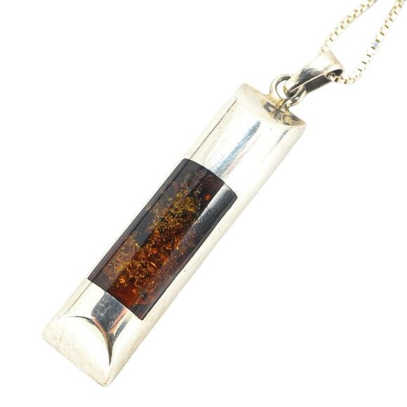 Signed JZ Sterling Silver Modernist Amber Pendant Necklace Baltic Amber Inlay - Picture 10 of 10